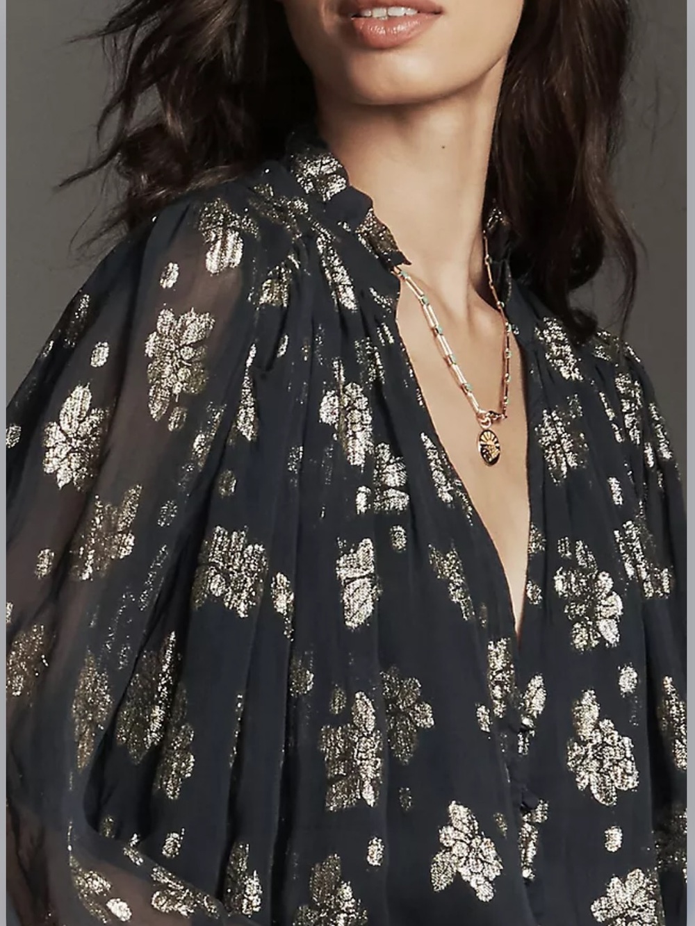 Anthropologie Navy Blouse with Metallic Gold Floral Print
